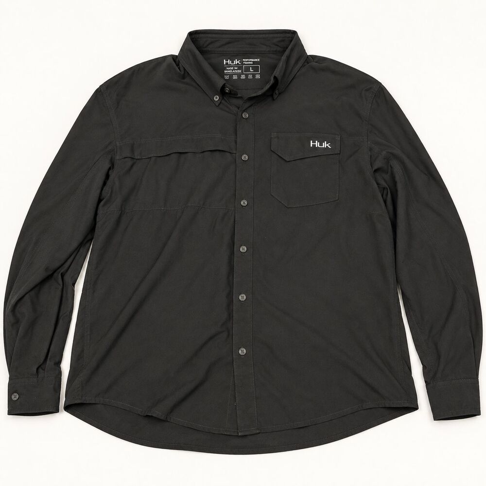 Huk Performance Fishing Shirt Men's Large Black Long Sleeve Button Up Vented